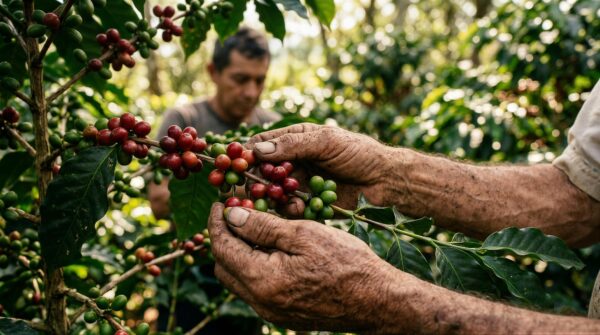 close up of farmer's hands harvesting coffee beans from a tree in a sustainable plantation